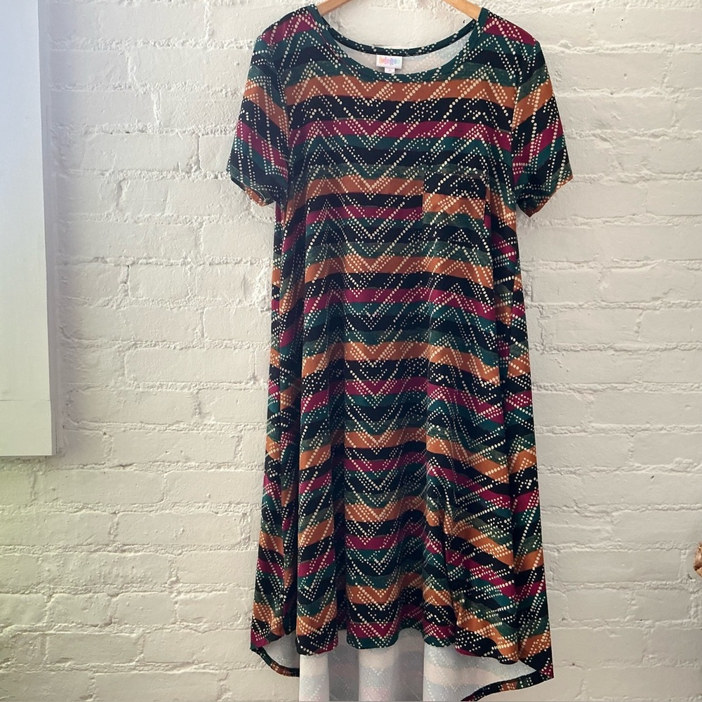 LulaRoe Colorful Tribal Print Flowy Midi T-Shirt Dress Soft Stretchy Knit Boho M